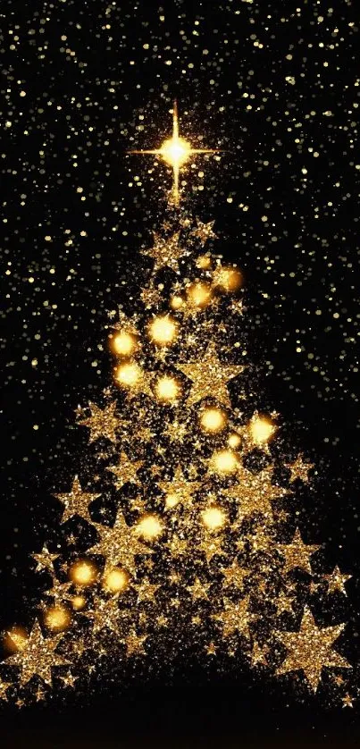 Golden Christmas tree lights on dark background.