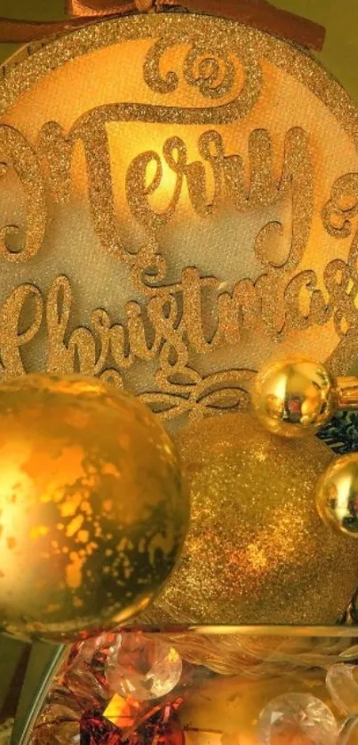 Golden 'Merry Christmas' ornaments with festive decorations.