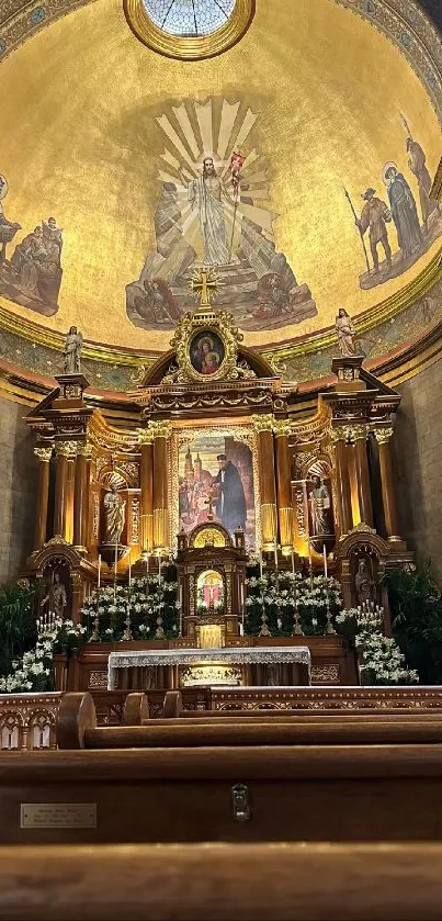 Golden interior of a church with an ornate altar and intricate architecture.