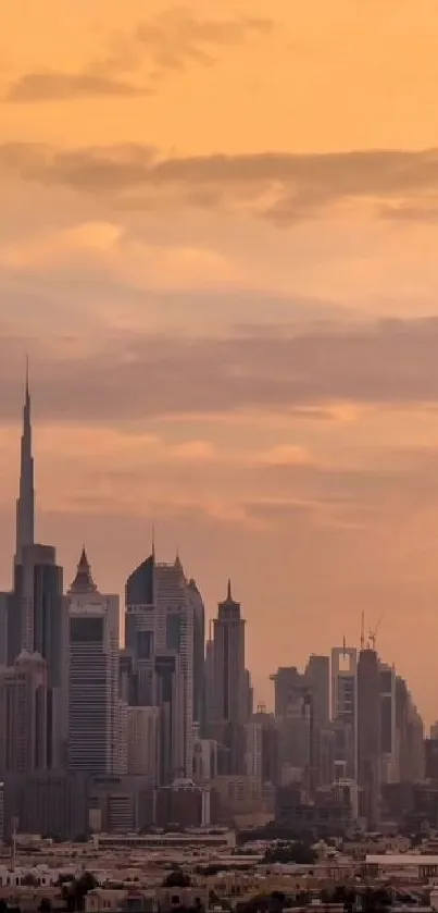 Golden city skyline at sunset with towering skyscrapers beneath a cloudy sky.