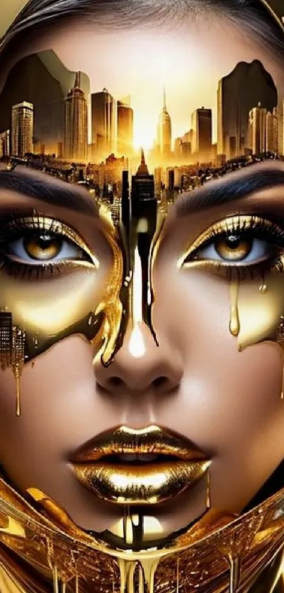 Golden face art with cityscape design blending futuristic and urban elements.