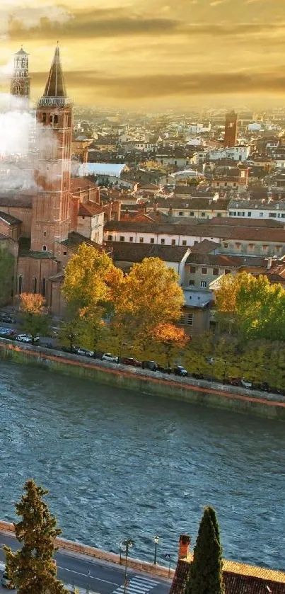 Golden cityscape with river and historic buildings during autumn.