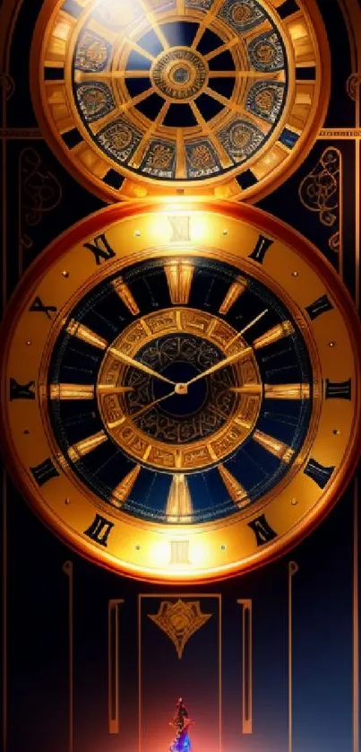 Golden fantasy clock mobile wallpaper with vibrant design.