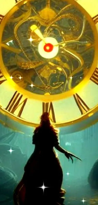 Fantasy wallpaper with a glowing golden clock and dark mystical background.