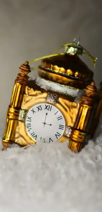 Golden clock ornament with snow background, perfect for festive decor.