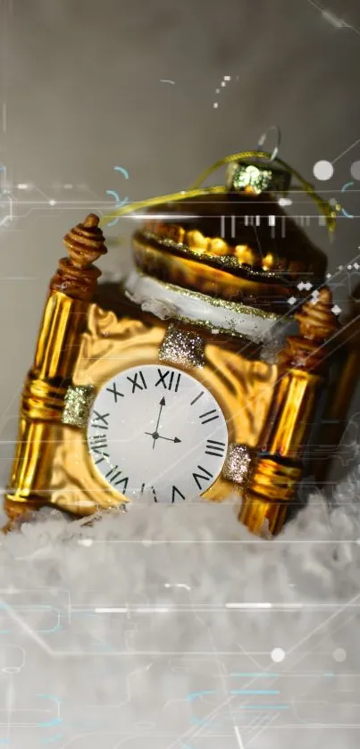 Golden clock ornament on snowy surface with digital accents.