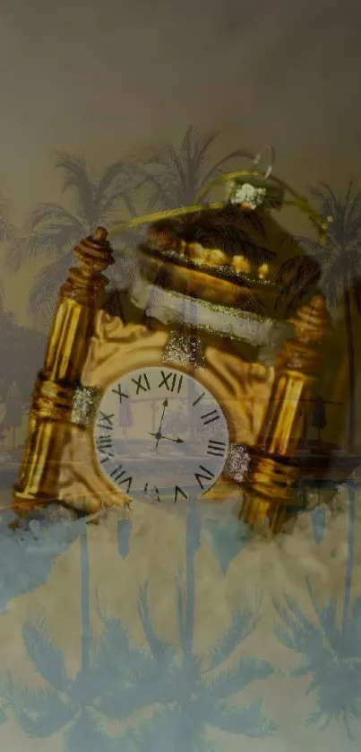 Surreal golden clock with palm trees wallpaper design.