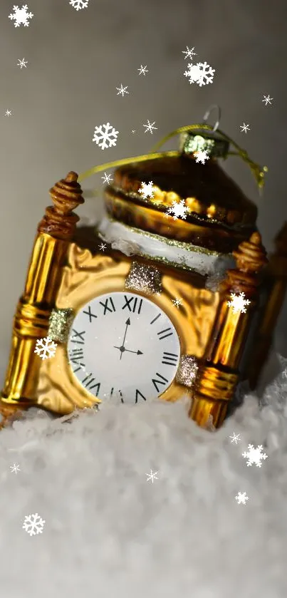 Vintage golden clock ornament in snow scene.