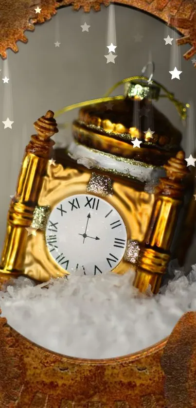 Vintage golden clock with gears and stars in steampunk style wallpaper.