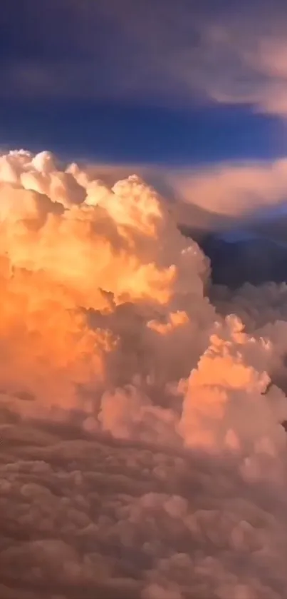 Vibrant clouds illuminated by sunset hues against a dark blue sky.