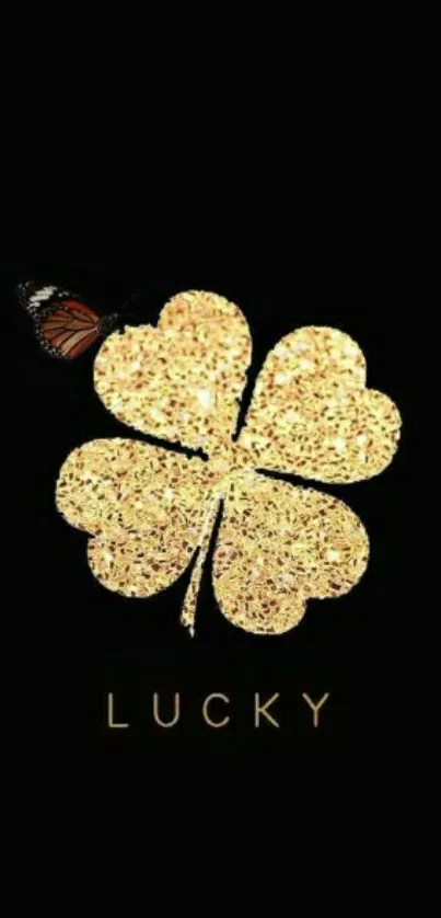 Golden clover with butterfly on dark background for mobile wallpaper.