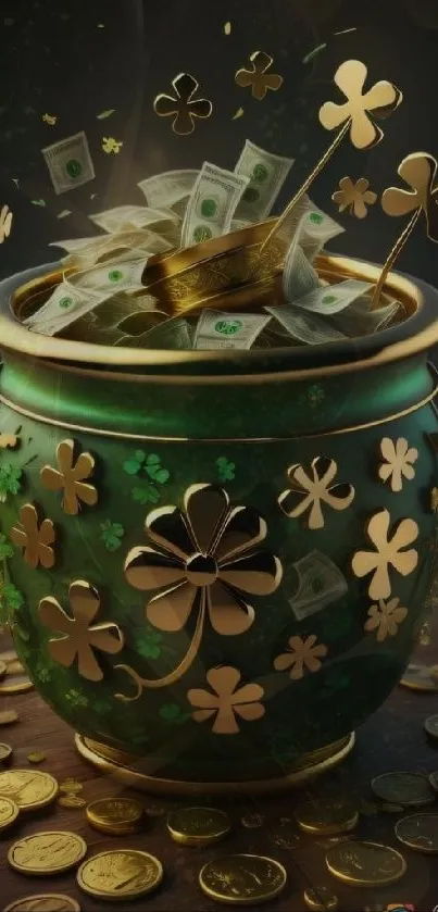 Golden pot with clovers and coins mobile wallpaper.