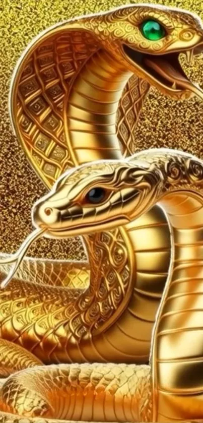 Golden cobras intricately designed in vibrant artwork.