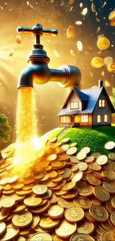 Golden tap pouring coins onto a house under sunlight.