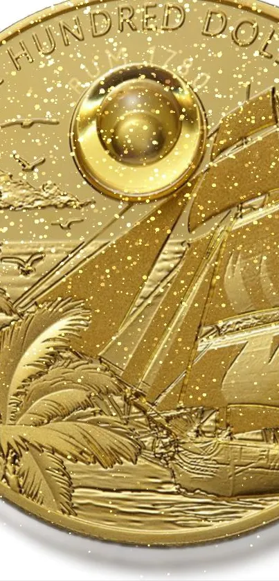 Intricate golden coin with a sailing ship design on a mobile wallpaper.