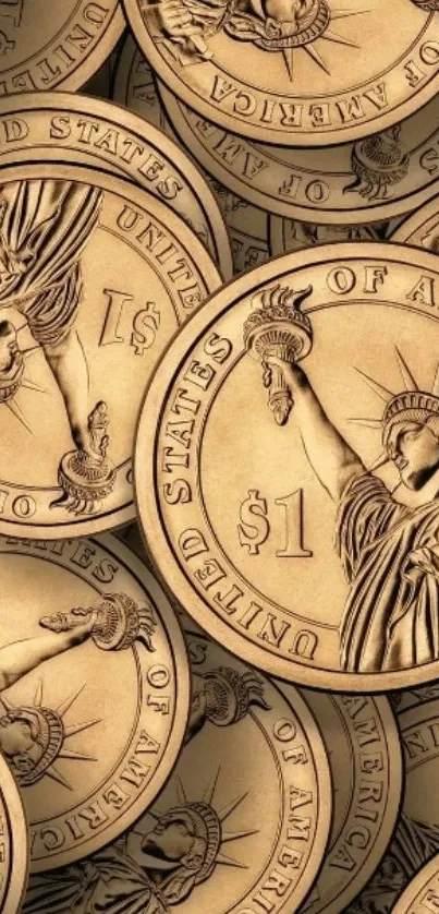 Patterned wallpaper of golden American dollar coins.