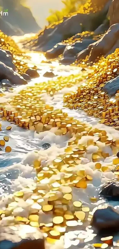 A stunning stream filled with golden coins shimmering in sunlight.