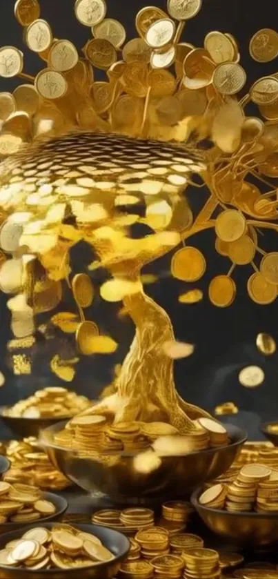 Golden tree composed of coins cascading elegantly.