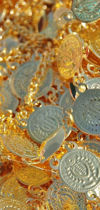 Vibrant mobile wallpaper featuring shiny golden coins with intricate details.