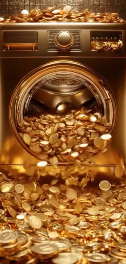 Golden washing machine overflowing with coins