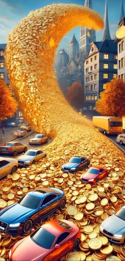 Wave of golden coins flows through city street with cars.