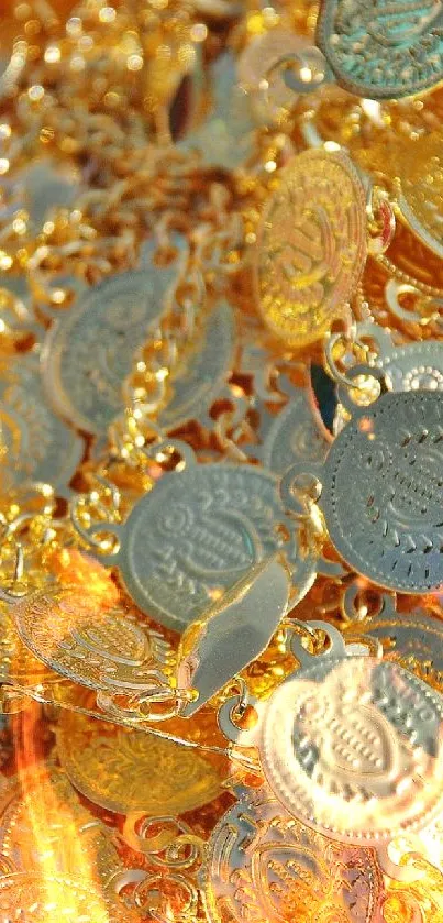 A collection of shimmering golden coins with intricate designs.