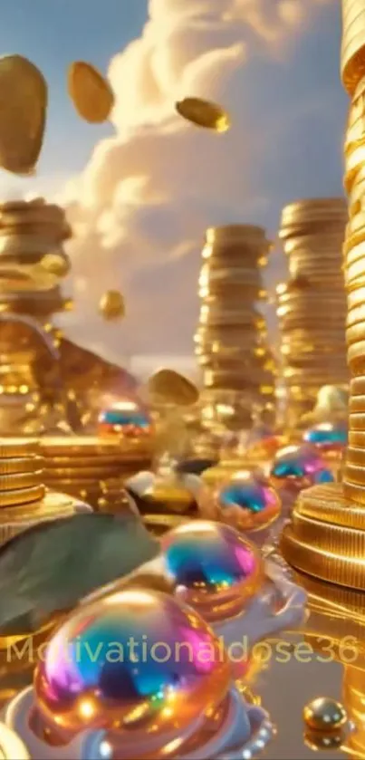 Golden coins and colorful bubbles create a fantasy landscape.