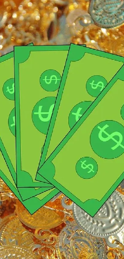 A vibrant wallpaper with green dollar bills and golden coins.