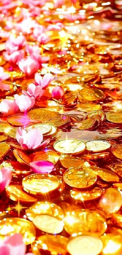 Golden coins and pink lotus blossoms on water surface.