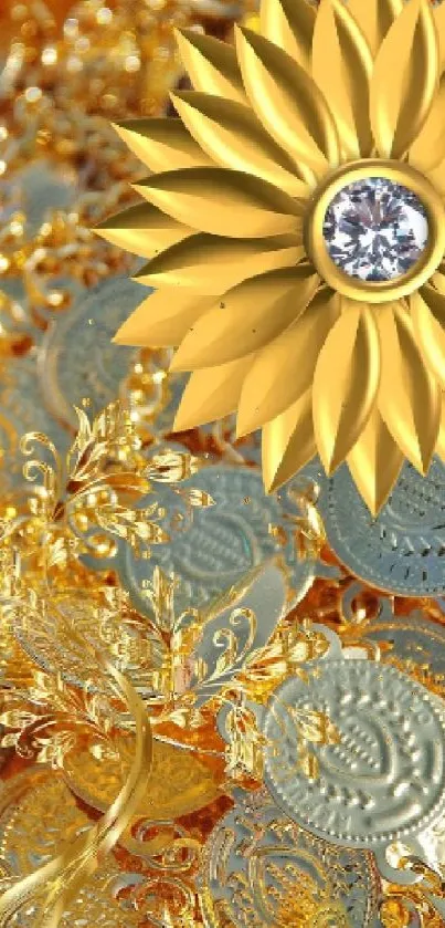 Golden coins and sunflower mobile wallpaper with sparkling gem.