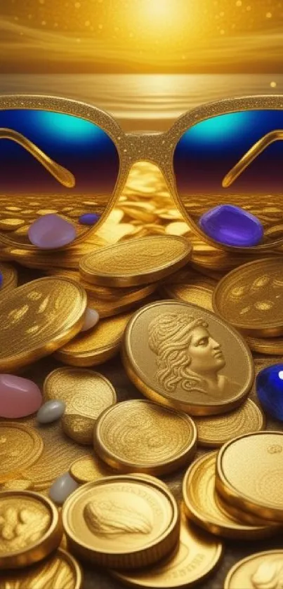 Golden coins with sunglasses, vibrant mobile wallpaper.