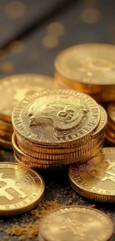 A stack of golden currency coins with intricate designs.