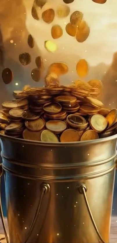 A bucket overflowing with golden coins against a scenic backdrop.