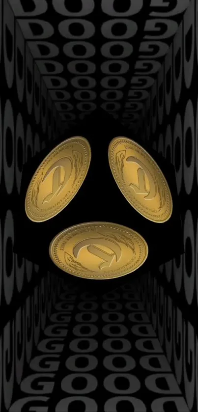 Golden coins floating in a 3D black tunnel.