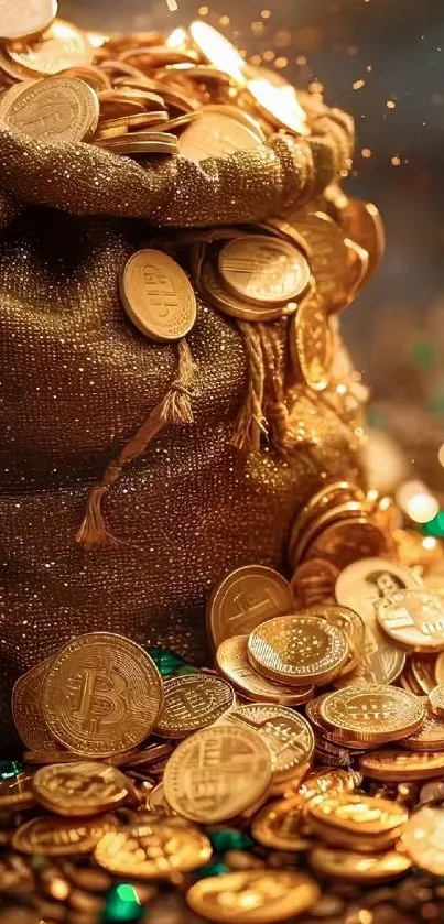 Glittering gold coins spilling from burlap sack, embodying wealth and Bitcoin allure.