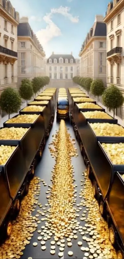 Street with trucks overflowing with golden coins.