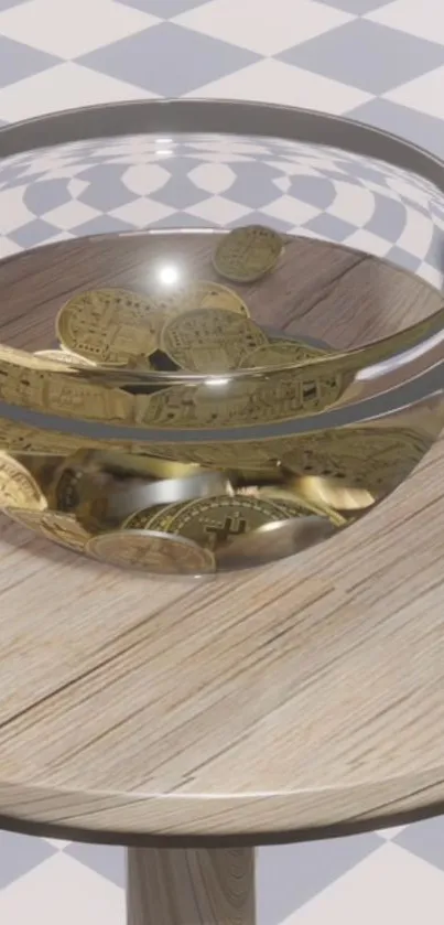 Golden coins in a glass bowl on a wooden table for phone wallpaper.