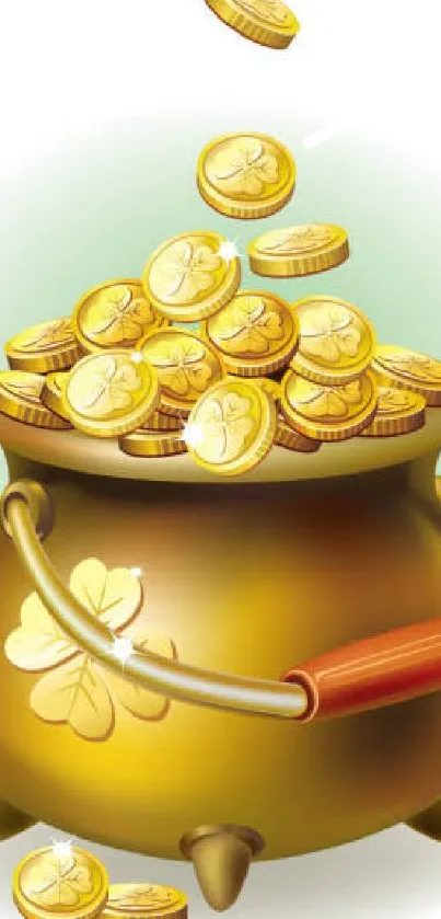 Pot filled with shimmering gold coins on a white background.