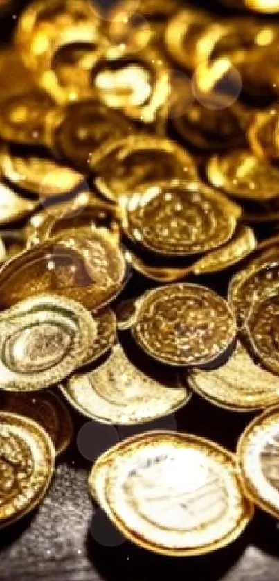 Luxurious golden coins wallpaper with a pile of shiny coins on a phone screen.