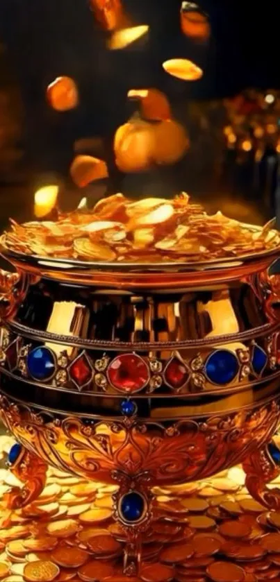 Golden pot overflowing with shining coins.