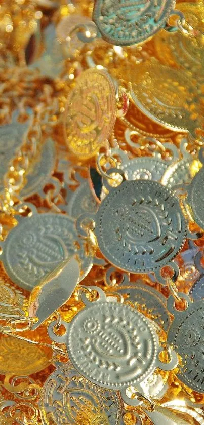 Close-up of shiny gold and silver coins pattern.