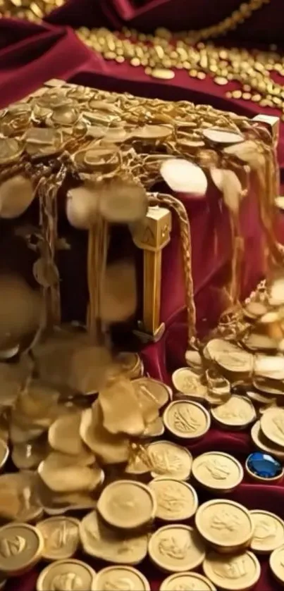 Gold coins spill from a treasure chest on crimson fabric.