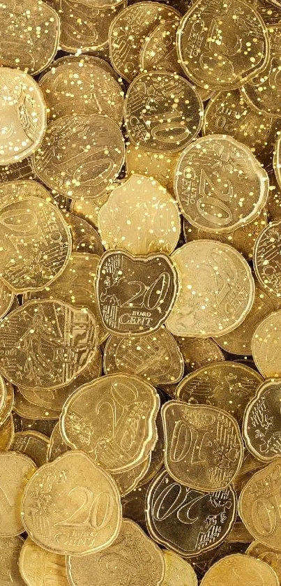 Close-up view of numerous shiny golden euro coins, creating a luxurious texture.