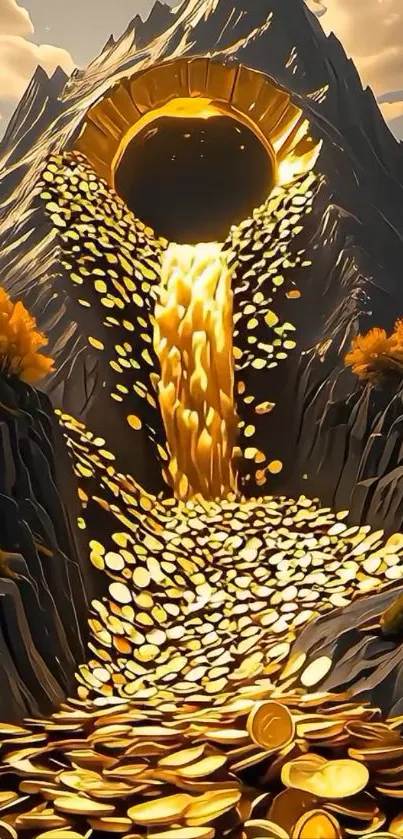 Fantasy golden coins waterfall flowing from a mountain.