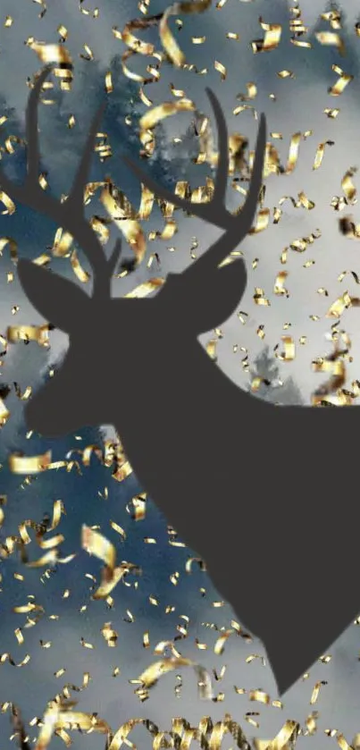 Deer silhouette with golden confetti background wallpaper.