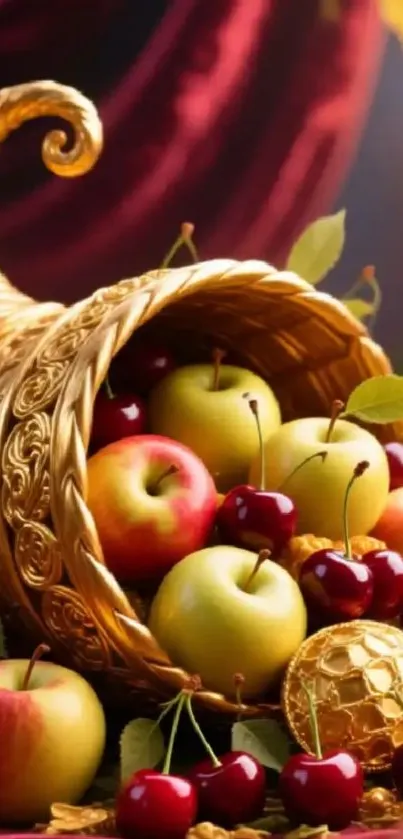 Golden cornucopia filled with apples and cherries, vibrant autumn wallpaper.