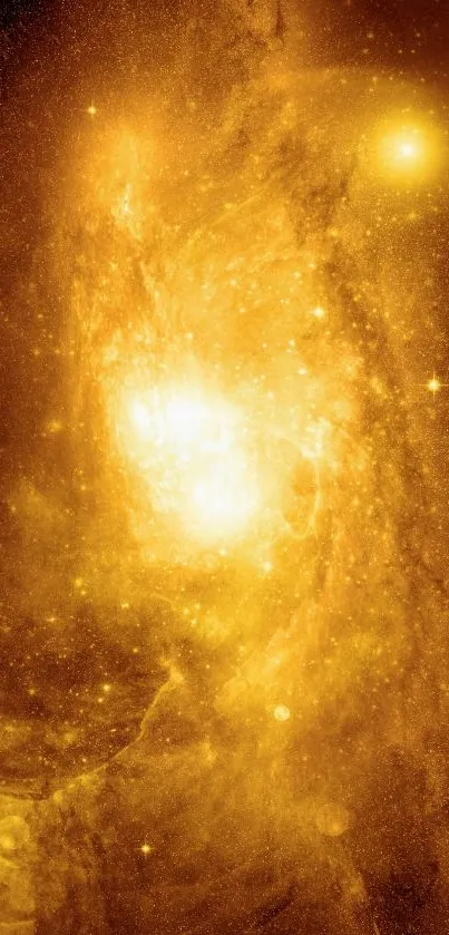 Golden cosmic galaxy wallpaper with stars and glowing celestial highlights.