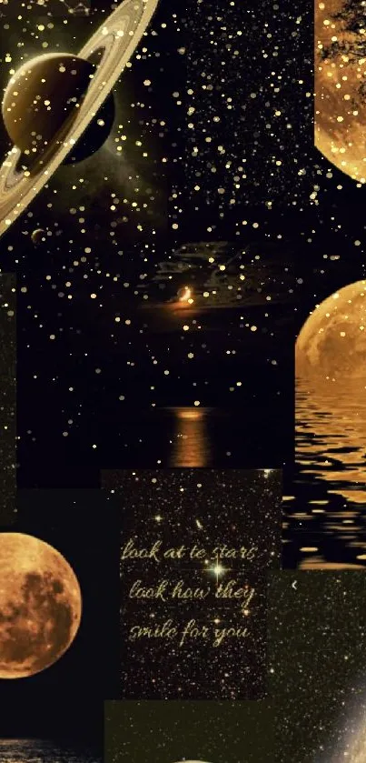 Golden cosmic nightscape wallpaper with planets and stars.