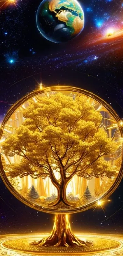 Golden tree with cosmic background, featuring stars and planets.