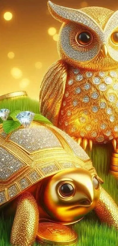 Golden owl and turtle adorned with jewels in artistic wallpaper design.